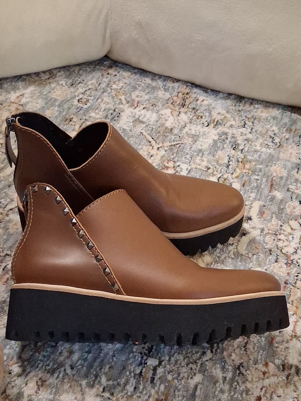 *All Black*  Brown Leather Platform Ankle Boots with Stud Trim